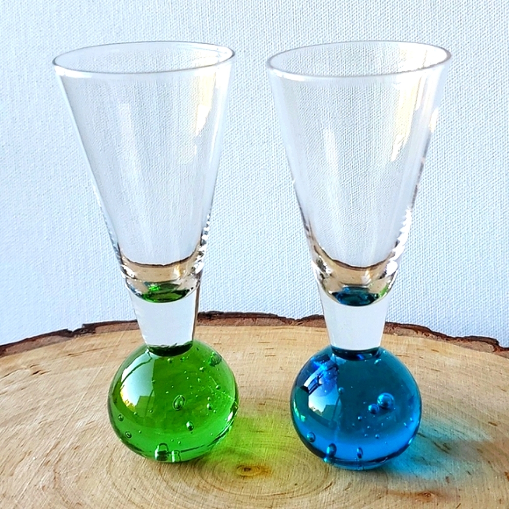Vintage Mid Century Italian Bubble Cordial Set of 2 Blue Green Handblown Glasses